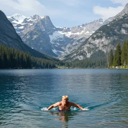 donald trump swimming through large lake!!, mountains in the background, huge view panoramic, beautiful landscape