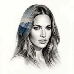 realism tattoo design sketch of megan fox portrait blended with beautiful mountain scenery, in the style of dan mountford, double exposure photography, hyper realistic, amazing detail, black and white