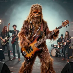 chewbacca high playing bass guitar, Moebius, Greg Rutkowski, Zabrocki, Karlkka, Jayison Devadas, Phuoc Quan, trending on Artstation, 8K, ultra wide angle, zenith view, pincushion lens effect