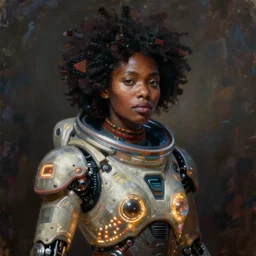 beautiful afrofuturistic himba woman, otjize, glowing spacesuit, led details, robotic arms, hyperrealistic, scifi, concept art, oil painting, portrait, dark, muted colors