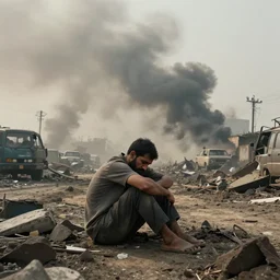 realistic photo of man kind suffering due to high air pollution in future, wide angle shot, octane render, very hyper realistic, highly detailed