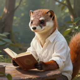portrait painting of a furry weasel wearing a white shirt, sits on a table reading a book by wenjun lin, irakli nadar, bright colors, octopath traveler, wenjun lin, unreal engine 5 highly rendered, global illumination, 9 radiant light, detailed and intricate environment