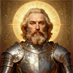 masterpiece head - on symmetrical centered painted portrait, lenin as a holy warrior, holy light halo, glorious, wearing full metal armour, elegant, distant, in the style of ruan jia and artgerm and edgar maxence and ross tran and michael whelan and mucha, 8 k, octane render