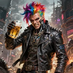 hyper detailed fine art portrait of a humanoid cyborg punk with ful color hair, he wears a spiked leather jacket and his attitude is one of rebellious rage and anarchy, he also has a beer in his hand and is ready destroy the sistem and the distopic city