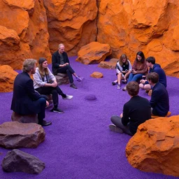 a solarpunk zen garden with people chatting by simon stalenhag and hubert robert and samuel beal and zacharias aagaard and gillis rombouts, hyperrealism, purple sand, orange rocks, chiaroscuro!!, tonalism!, high saturation, high contrast, vibrant, highly detailed, volumetric light