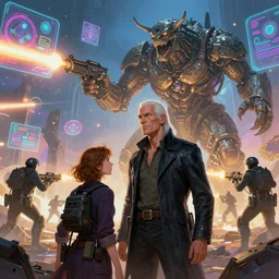 illustration of h. r. giger and liliia sitailo, artist paint in air colorful elements of bright sci - fi hologram elements, squad gunners shoot the giant monster, dramatic, sharp focus, depth of field, highly detailed, artstation, digital art, volumetric light, dynamic, expression