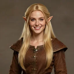 portrait, 3 0 years old women : : fantasy : : long straight blonde hair, beeing happy, smiling : : attractive, symmetric face : : brown medieval cloting, natural materials ( pointy ears ) : : high detail, digital art, rpg, concept art, illustration