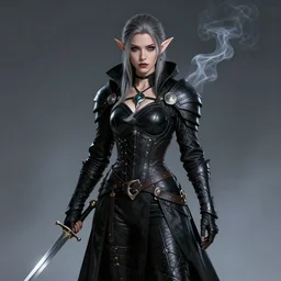 Portrait of a female Elf Rogue named \'Mistress of Death\', high fantasy, epic, black leather armor, dagger, smoke, by artstation, trending, artstationHD, artstationHQ, cgsociety, ultra HD, 8k