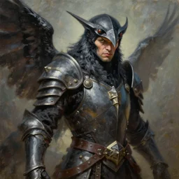 dnd kenku person. epic dungeons and dragons armored raven character. oil on canvas featured by keith parkinson 1 9 8 5. cinematic, dynamic composition. realistic facial features and expression.