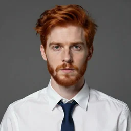 A man with ginger hair in a emo style with a beard and wearing a white collared shirt with a blue tie, portrait, realistic, hyperrealistic, 4k resolution, 8k resolution, HD Quality, highly detailed, very detailed, detailed, studio quality lighting, real life