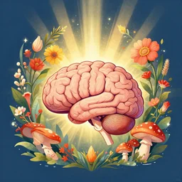 an image of a brain surrounded by flowers and mushrooms, god rays coming from behind, illustration by sachin teng