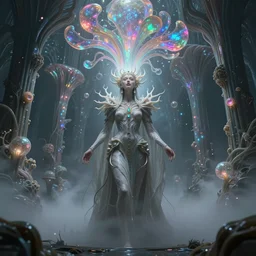 an ethereal Weirdcore Mesmerizing portrait of biomorphic Empress Queen of Cosmic Creation, inside forgotten Sentient iridescent mycelum cathedral, solarpunk , Elden Ring concept design. Surrounded in Mist By Hiroshi Yoshida, Dean Ellis, Ayami Kojima, Greg Tocchini, James Jean,Yoshitaka Amano. Octane Render.