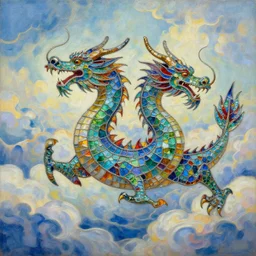 oil painting of a dragon made of panes of colored glass, flying in the clouds