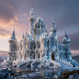 medieval baroque castle made of crystal shards : : epic landscape, iceland photography, cinematic, octane render, 8 k, artstation trends, dramatic lighting, beautiful dusk sky, concept art, rococo, photo realistic, intense detail