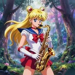 sailor mars play in saxophone in shiny beautiful forest, background magic trees in colorful fog, anime art, unreal render, hyper detailed drawing, intricate, anime key visual, manga, digital painting, artstation, hard focus, symmetry, illustration, landscape