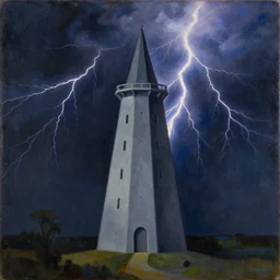 a painting of a gray tower being struck by lightning in the style of remedios varo