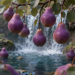 close up of low hanging purple pears, pond, waterfalls, by james gurney, low angle shot, concept art, matte painting, intricate, hyper detailed, volumetric lighting, sharp focus, octane render, trending on artstation, 8 k