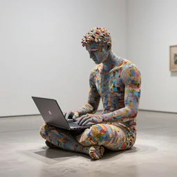 stunning intriguing sculpture of man sitting on the floor with a laptop, composed of tiny colorful details, hyperdetailed, contemporary masterpiece, in clean minimal style museum, deep focus, striking