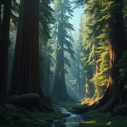 a primeval forest with huge sequoia trees, lush and vibrant, a small torrent in the foreground, digital art, matte painting by ivan shishkin and emmanuel shiu, trending on artstation, 4 k