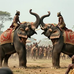 the elephant duel of warlords who fight on back of their decorative war elephants in crowd of battlefield, high quality realistic face, a colorized photo, colorized, # film, movie still