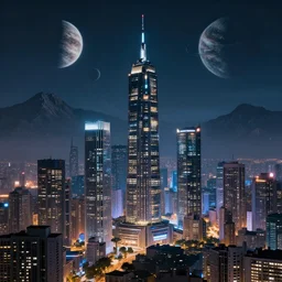 a beautiful futuristic city skyline at night with mountains and planets in the background, scifi, cyberpunk