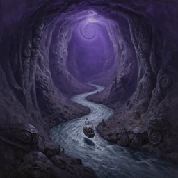 stunning landscape of ominous underground river styx of the greek hell, purple and gray stream, spiral gondola, intricate details, digital art by rob gonsalves, oil on canvas by ivan shishkin