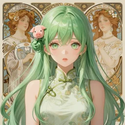 girl with long light green hair, light green eyes, a small pigtail on the left side, chinese dress, anime style, hyper detailed, illustration, digital painting, art by artgerm and greg rutkowski and alphonse mucha, high delicate defined details, anime stylized, highly detailed, realistic, sharp focus, artstation
