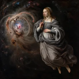 a closeup portrait of a cloaked woman floating next to an eel nebula, eel nebula, early netherlandish painting