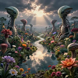a flowering alien landscape with a winding river reflecting the sky, alien flora, cinematic light, symmetrical, in the style of martin johnson heade and h. r. giger and francisco de goya!