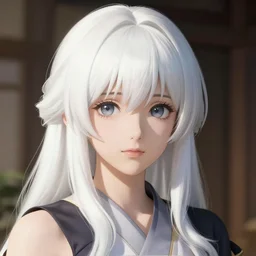 Portrait of a japanese princess young lady, with white hair and bangs!!!! beauty artwork by Makoto Shinkai, Studio Ghibli, white hair, ayaka genshin impact, ayaka, ayaka game genshin impact, ayaka, extremely detailed, beautiful, establishing shot, artistic, shadows, high quality, unreal engine, overwatch art team