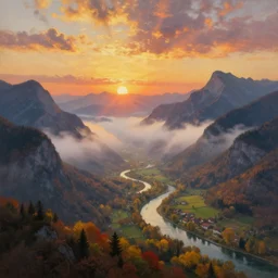 The most beautiful panoramic landscape, oil painting, where the mountains are towering over the valley below their peaks shrouded in mist. The sun is just peeking over the horizon producing an awesome flare and the sky is ablaze with warm colors and stratus clouds. The river is winding its way through the valley to an italian village and the trees are starting to turn yellow and red, by Greg Rutkowski, aerial view