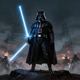 darth vader standing on a hill overlooking battle, dark cinematic lighting, digital illustration, lightsaber, smoke, battlefield