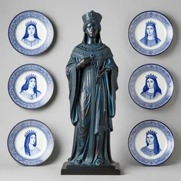 euterpe votive offering. a blue black bronze sculpture, decoration : 2 2 7 7 german expressionist - rollenportrat of robed olga of kiev, jewels, josian wedgwood testplates