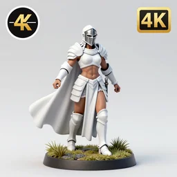 80mm resin detailed miniature of a Queen of war, white armor, iron mask and helmet, Very long white cloak, Very muscular, abdomen, olive skin, on a little grassy textured base; Miniature product Introduction Photos, Logo, 4K, Full body; Front view