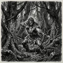 a charcoal drawing of and ancient warrior creeping through dark woods filled with large trees and vines, holding a bow and arrow, wearing animal skin clothing, in the style of guy denning