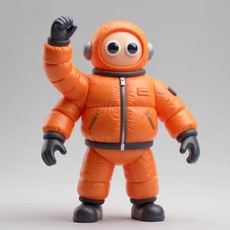 still slander figurine of a tall giant inflated space man action figure wearing over sized orange puffy bomber jacket, long bendy arms, googly eyes, tareme eyes, small head, personification, dynamic pose, detailed product photo, tone mapped, beautiful composition, 8 5 mm, f 5. 8, soft lighting