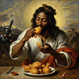 black jesus eating fried chicken during the great war, oil painting, sacred art, illustration, caravaggio