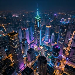 drone view colorful photograph of a futuristic city, science fiction, night lights, beautifully lit buildings, mystic hues, distant, sharp focus, volumetric lights, digital art, RTX, hyperrealistic, cinematic, acid pixie, by lee madgwick