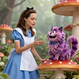 Angelina Jolie as Alice in Wonderland talking to the Cheshire Cat that is sitting on a beautiful mushroom, hyperrealistic, highly detailed, depth of field, High definition, 8k,  octane render, artstation