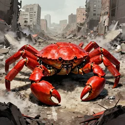 a giant red mechanical weapons battle armor crab in the middle of war - torn battlefield of a crumbling city, some smoke, artstation, concept art, smooth, sharp focus, vivid grunge, manga, illustration, unreal engine 5, 8 k, wide angle, by bilibin and kuvshinov and malevich and mucha, traditional japanese colors, superior quality, very detailed