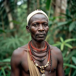 Portrait picture of an African tribal leader from the 1800s, deep within the jungle, untamed by Western believes. F1.4, 50mm