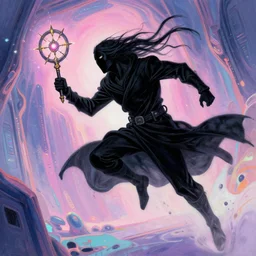 a true hero on the run, sinking into madness, wrapped in black, clutching a hopespark-chakram in the drifting void hallways. Fantasy Tron sci-fi illustration, vibrant neon pastels painting, by Edvard Junjiito Picasso and Gustave Dore and Carl Critchlow