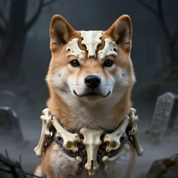bones and skull armor made of bones, anthropomorphic shiba inu, face, stuning 3 d render, masterpiece, glowing black aura, foggy dark graveyard, by donato giancola and greg rutkowski and wayne barlow and zdzisław beksinski, realistic face