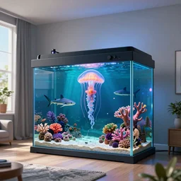 the realistic photo of the modern room as aquarium with a big jellyfish and beautiful corals, sharks, under the ocean, realistic colors, realistic shadows, daylight made in blender, hd, 3 d by beeple by greg rutkowski and damian hirst