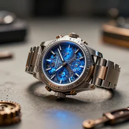 complex 3 d render of a futuristic steampunk watch lying on a table, high detail, sharp focus, glowing blue interior components, fractal detail, depth of field, bokeh, cinematic lighting and composition, octane render, film grain, by syd mead, rolex, porsche