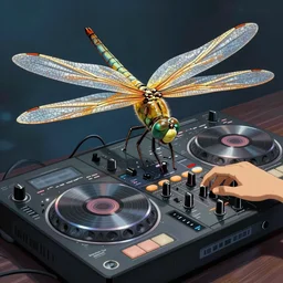 A giant DJ mixer and a moc artwork by Tomer Hanuka Rendering with an giant dragonfly full of details, by Makoto Shinkai and thomas kinkade, Matte painting, trending on artstation and unreal engine