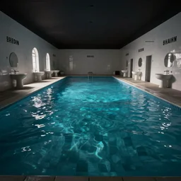 dreamlike low quality photograph of an infinite indoor pools with white bathroom titles on the walls, dark lighting, liminal space, octane render, the backrooms, the poolrooms