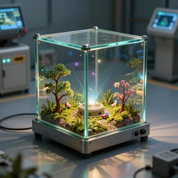 hyperrealistic retro encabulator laser minter glass mirror box in brightly lit secure facility