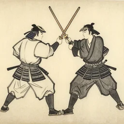 two samurai battle each other, wood block painting style, outline style, hand drawn style, circa 1 5 0 0 s, history, scretch, dust, grain, noise, on wood