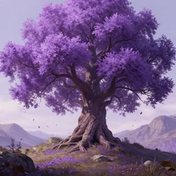 a big tree on a mountain with purple leaves and some leaves falling retro digital painting, artstation, concept art, soft light, hdri, smooth, sharp focus, illustration, fantasy, intricate, elegant, highly detailed, D&D, matte painting, in the style of Greg Rutkowski and Alphonse Mucha and artemisia, 8k, highly detailed, jurgens, rutkowski, bouguereau, pastoral, rustic, georgic